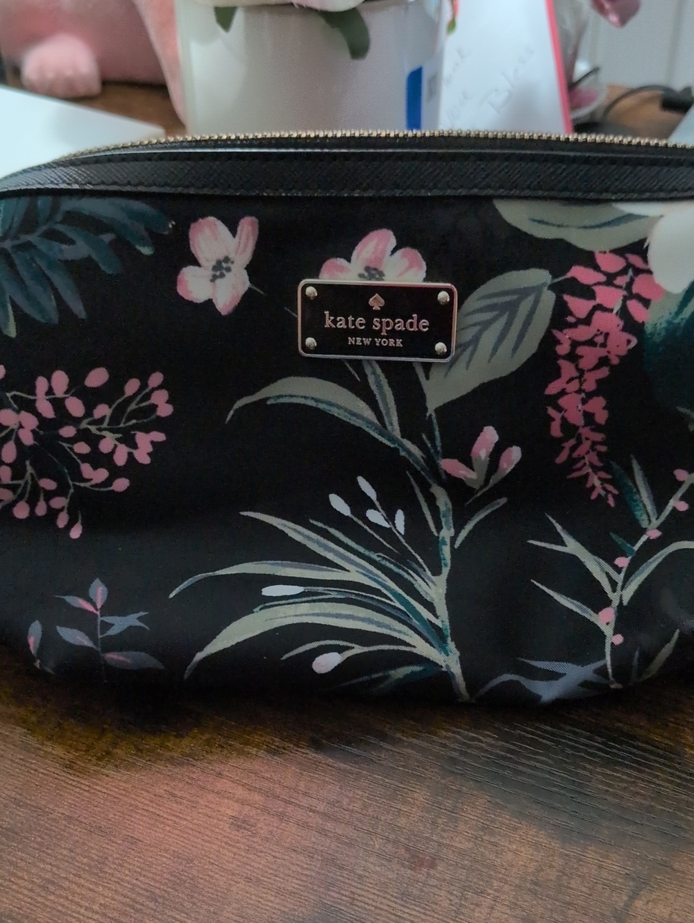 KATE SPADE Black Floral Cosmetic Pouch with Pink Accents Very Nice